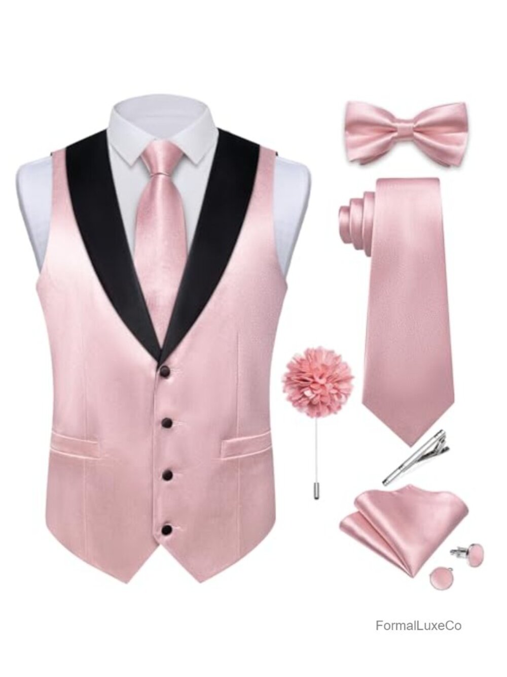 Mens Satin Vest Tie Set Shawl Collar Formal Waistcoat 8-Piece
